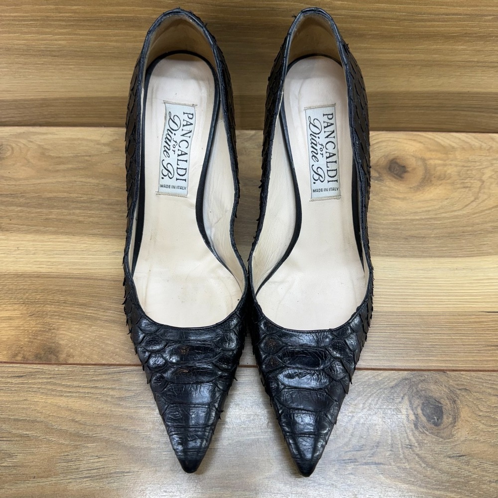 Pancaldi Diane B Python Leather Pumps 8 EU 38 Black Pointed Toe Modern